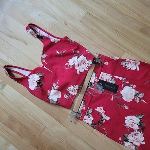 Dynamite Red Floral Matching Bodycon Set Sweetheart Crop Top and Midi Skirt
